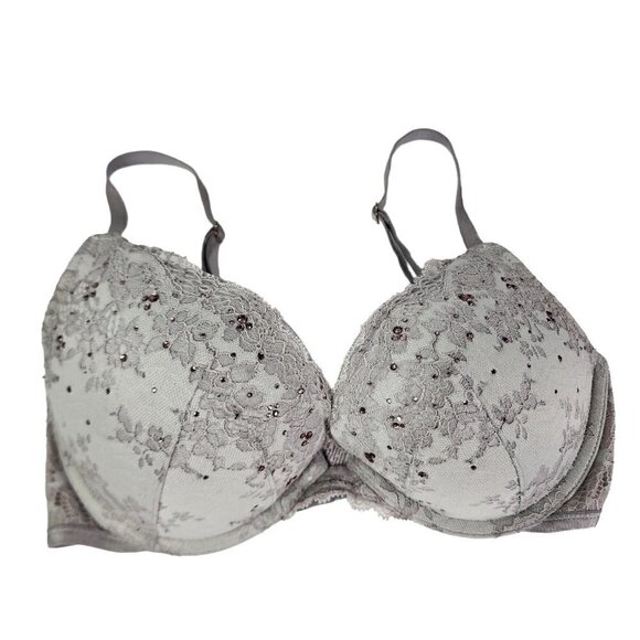 Victoria Secret Gray Rhinestone Bling Lace Bra Dream Angels Push-Up Padded 32D - Picture 1 of 9